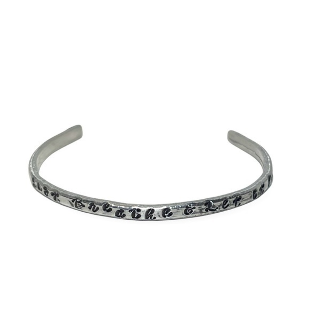 Handmade stamped motivational silver delicate stackable adjustable cuff bracelet